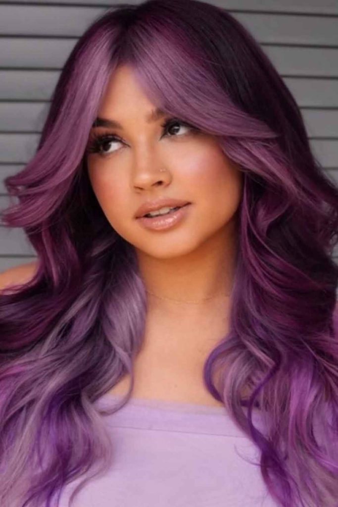 Purple Highlights on Long Layered Hair 