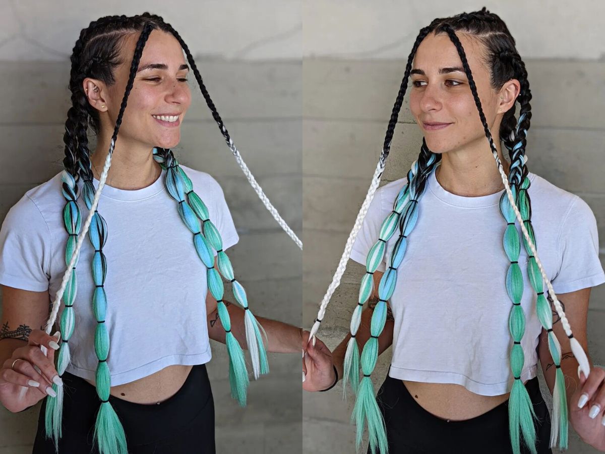 Black to Teal Rave Braids on Long Hair