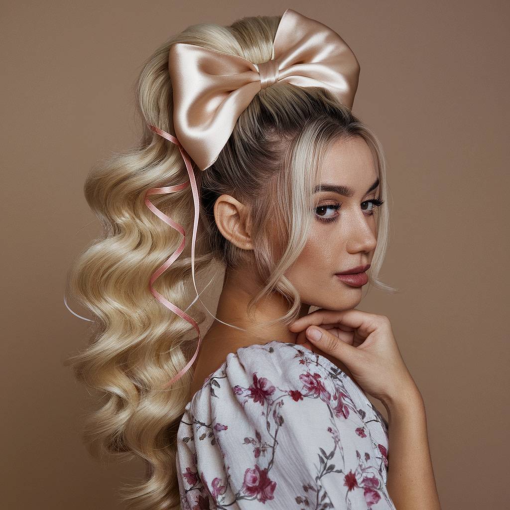 High voluminous ponytail with oversized champagne bow and spiral pink ribbon detail, bold ribbon hairstyle