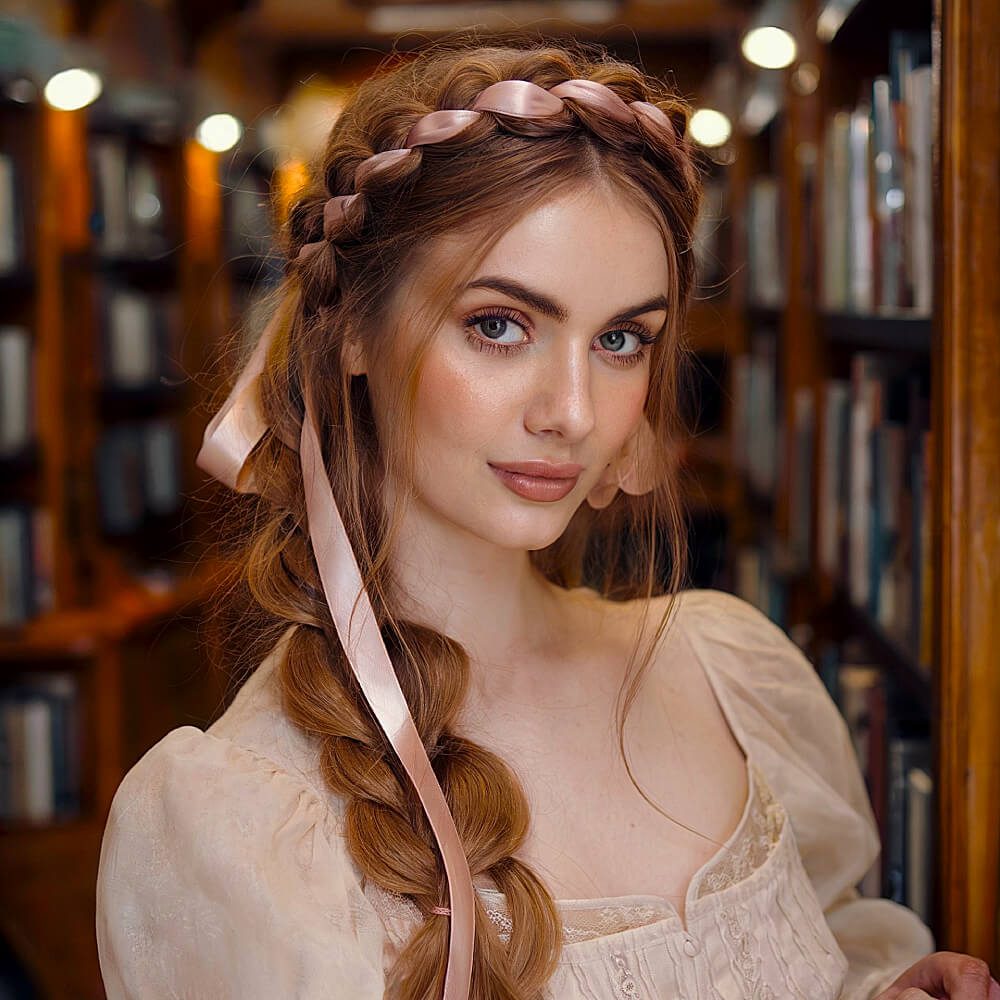 Braided crown hairstyle with pink ribbon woven through thick long braid for a romantic ribbon hairstyle idea
