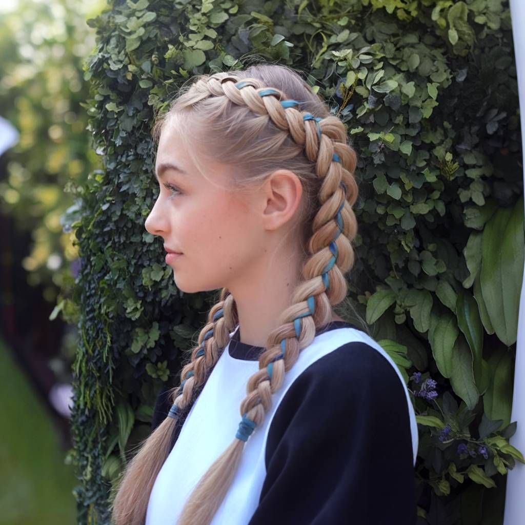 Tight Dutch double braids with teal ribbon woven in, a sporty yet cute ribbon hairstyle look