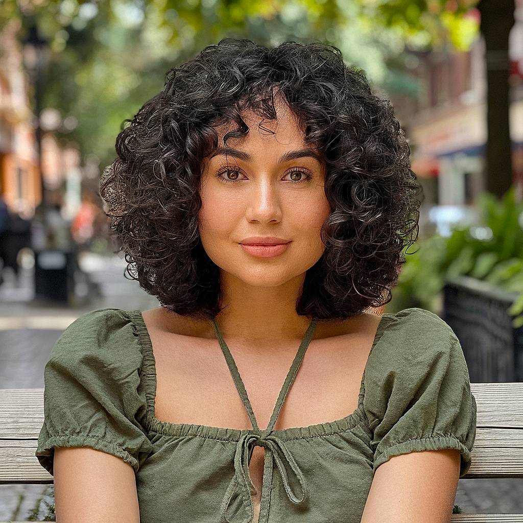 Shoulder-length curly bob with tight, defined ringlets, enhancing volume and natural curl texture