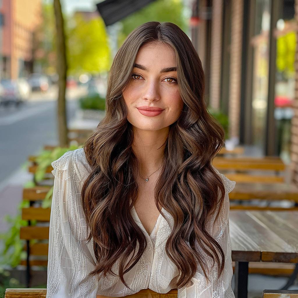 Long brunette waves with natural, subtle highlights for a sun-kissed, effortless hair inspo style