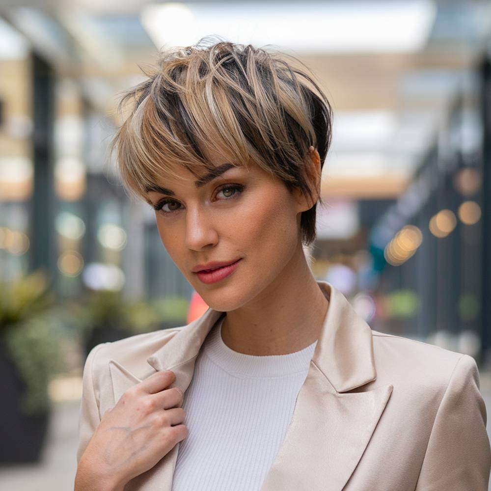 Short textured pixie cut with blonde highlights on dark roots for a bold, modern hairstyle with volume