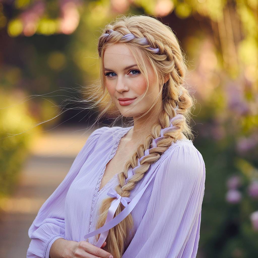 Long side French braid with lavender ribbon woven throughout, dreamy ribbon hairstyle for long hair
