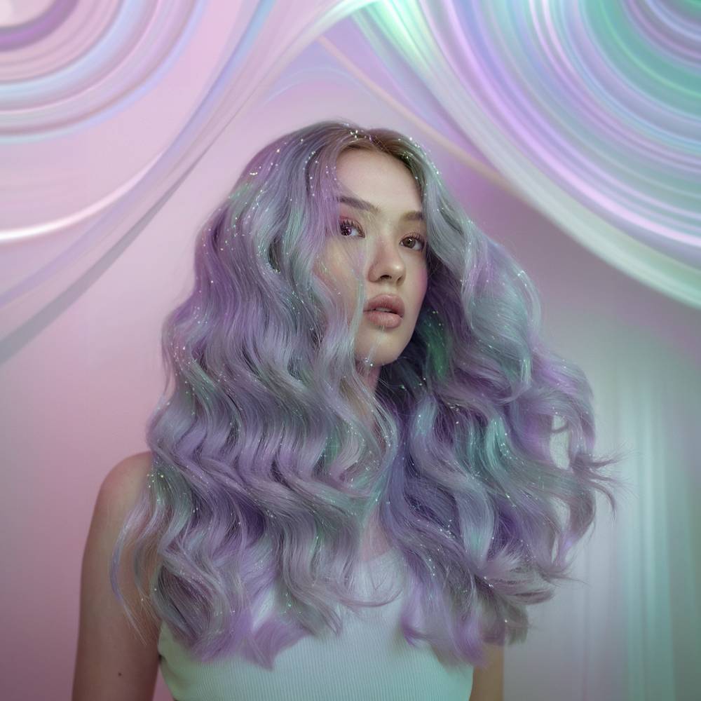 Pastel lavender waves with an iridescent shimmer for a dreamy, celestial-inspired hair color
