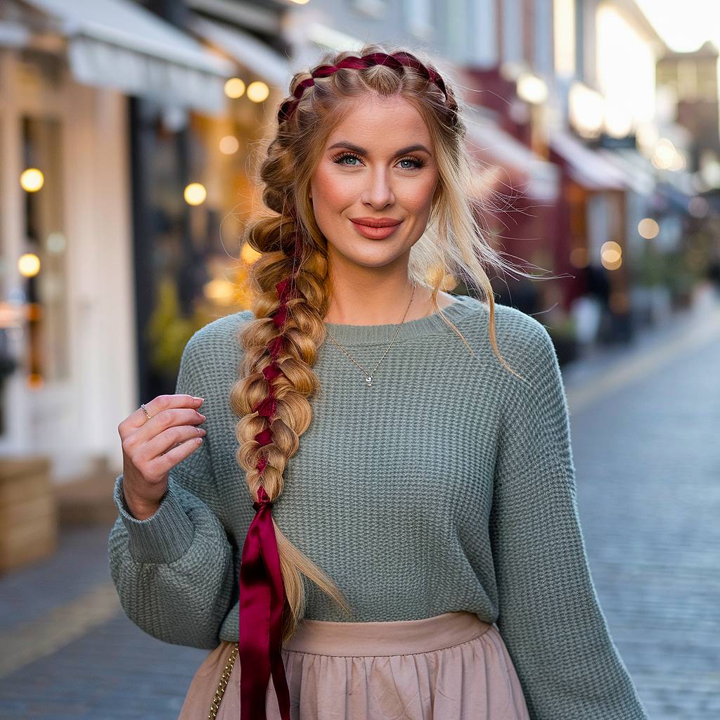 Side fishtail braid with deep red ribbon laced through, boho ribbon hairstyle for long blonde hair