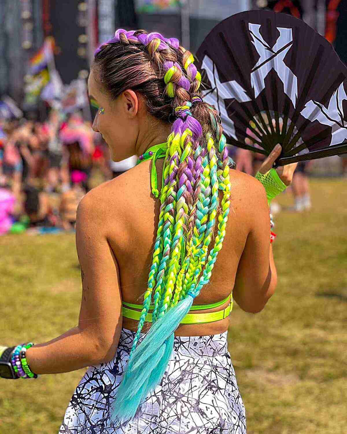 Very Long Purple, Green and Blue Rave Braids